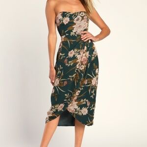 Lulus Effortless Charm Hunter Green Floral Strapless Tulip Midi Dress - Size M